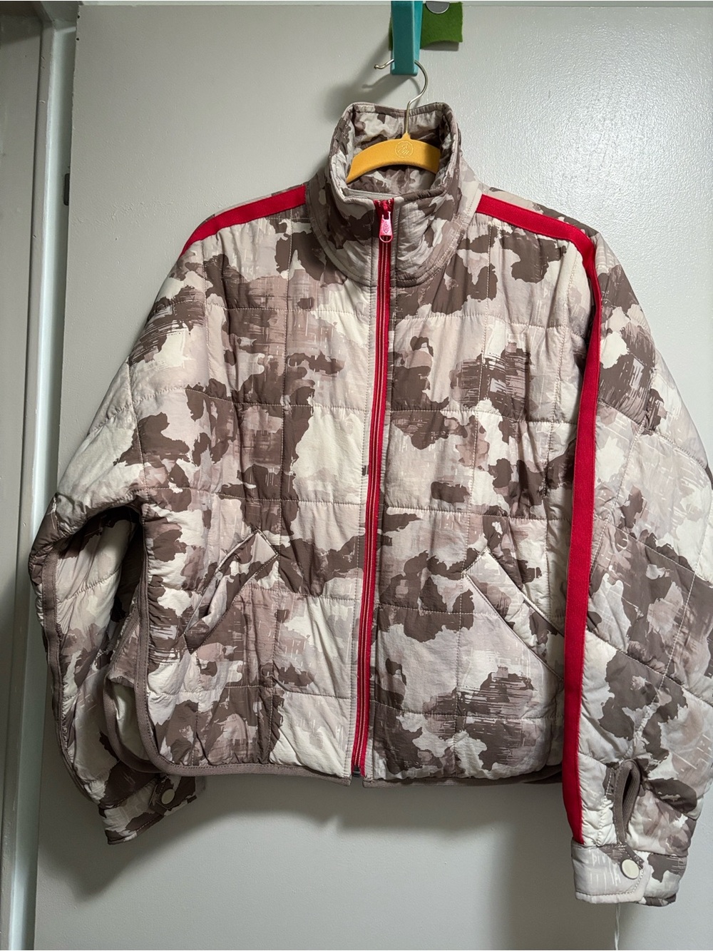 FP Movement by Free People Beige & Brown Camo Puffer Jacket with Red Trim